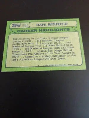 1982 Topps - All-Star Dave Winfield #553. New York Yankees. NRMT+ - Baseball Card Single