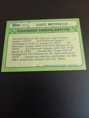 1982 Topps - All-Star Dave Winfield #553. New York Yankees. NRMT+ - Baseball Card Single