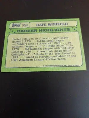 1982 Topps - All-Star Dave Winfield #553. New York Yankees. NRMT+ - Baseball Card Single