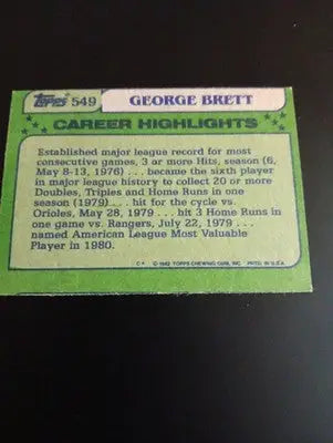 1982 Topps - All-Star George Brett #549. Kansas City Royals. EX-NRMT - Baseball Card Single
