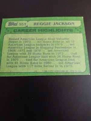 1982 Topps - All-Star Reggie Jackson #551. New York Yankees. NRMT+