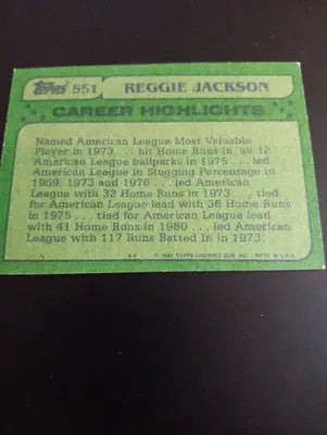 1982 Topps - All-Star Reggie Jackson #551. New York Yankees. NRMT+