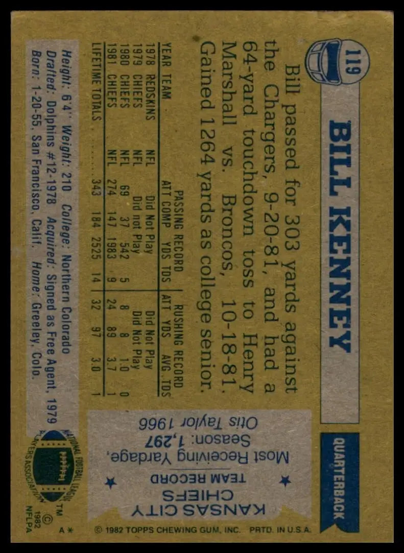 1982 Topps Bill Kenney #119 Rookie Kansas City Chiefs Football Card NFL Sports - Football Card Single