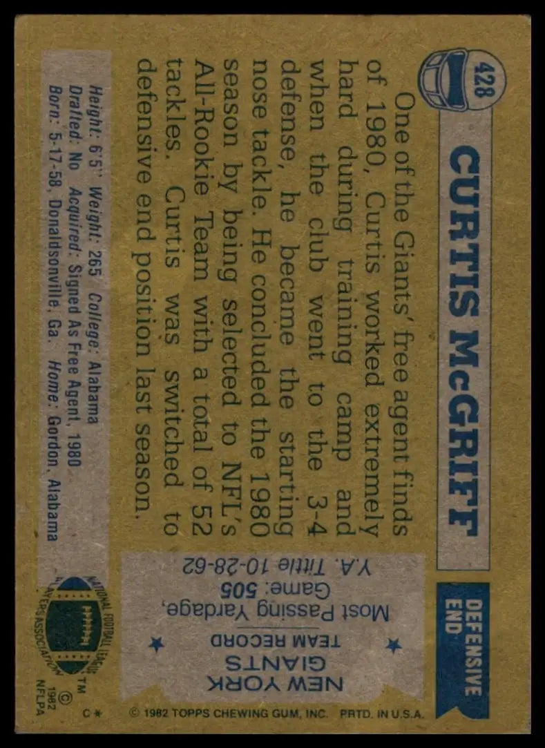 1982 Topps Curtis McGriff Rookie #428 New York Giants Football Card NFL Sports