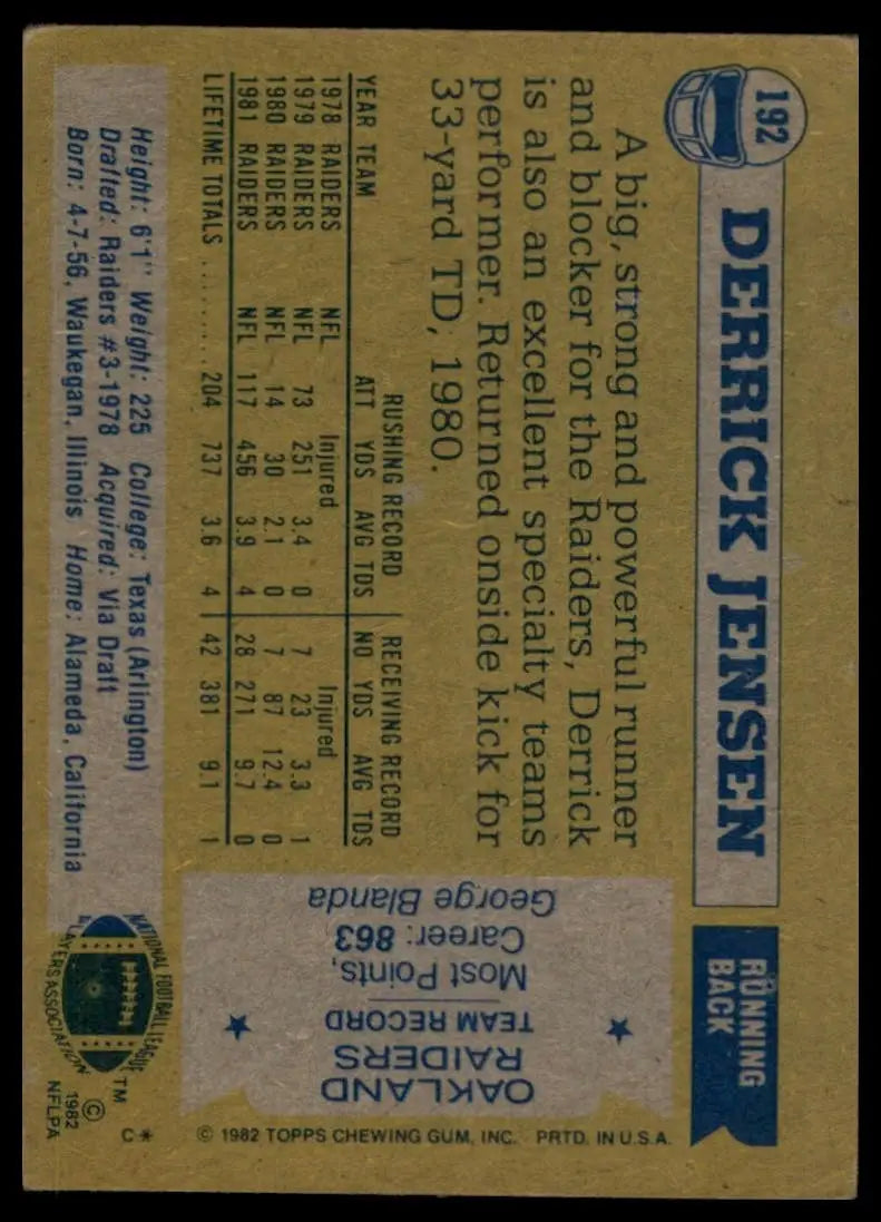 1982 Topps Derrick Jensen Rookie #192 Oakland Raiders Football Card NFL Sports