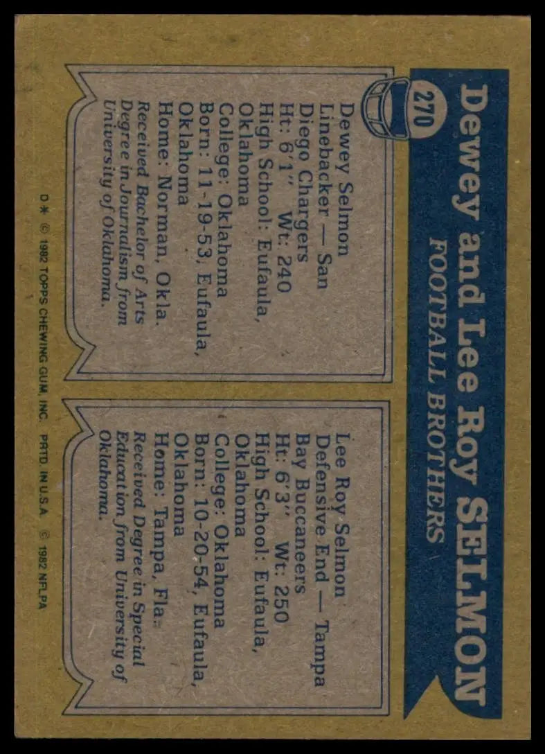 1982 Topps Dewey Lee Roy Selmon #270 Brothers Chargers Buccaneers Football Card