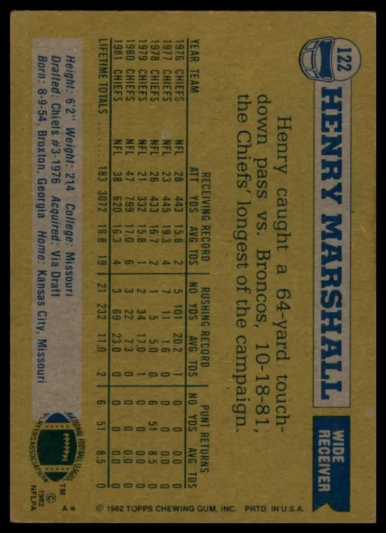 1982 Topps Henry Marshall #122 Kansas City Chiefs Football Card NFL Sports - Football Card Single