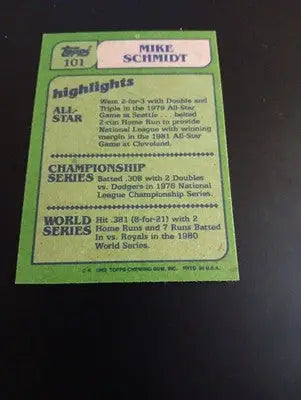 1982 Topps - In Action Mike Schmidt #101. Phillies. NRMT+