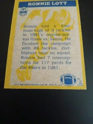 1982 Topps - In Action Ronnie Lott #487 (RC). San Francisco 49ers. NRMT+ - Football Card Single