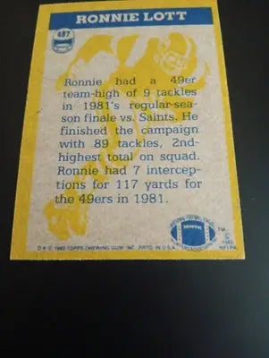 1982 Topps - In Action Ronnie Lott #487 (RC). San Francisco 49ers. NRMT+ - Football Card Single