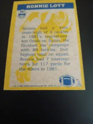 1982 Topps - In Action Ronnie Lott #487 (RC). San Francisco 49ers. NRMT+ - Football Card Single