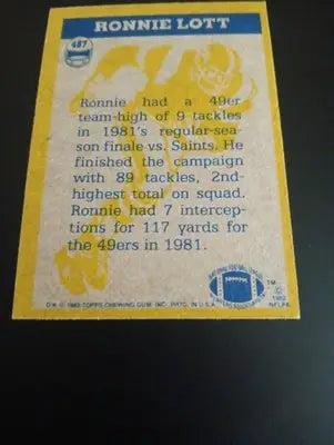1982 Topps - In Action Ronnie Lott #487 (RC). San Francisco 49ers. NRMT+ - Football Card Single