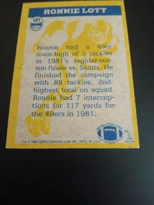 1982 Topps - In Action Ronnie Lott #487 (RC). San Francisco 49ers. NRMT+ - Football Card Single