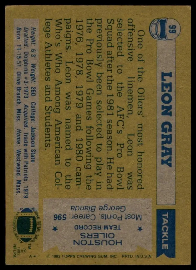1982 Topps Leon Gray #99 Houston Oilers Football Card NFL Sports - Football Card Single