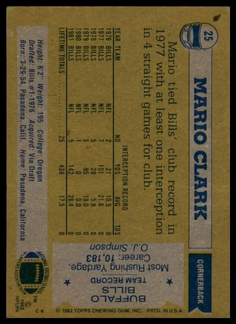 1982 Topps Mario Clark #25 Buffalo Bills Football Card NFL Sports