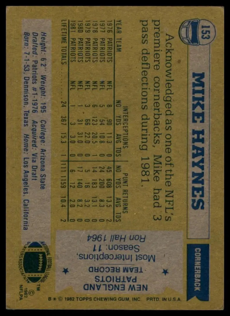 1982 Topps Mike Haynes #153 New England Patriots Football Card NFL Sports - Football Card Single