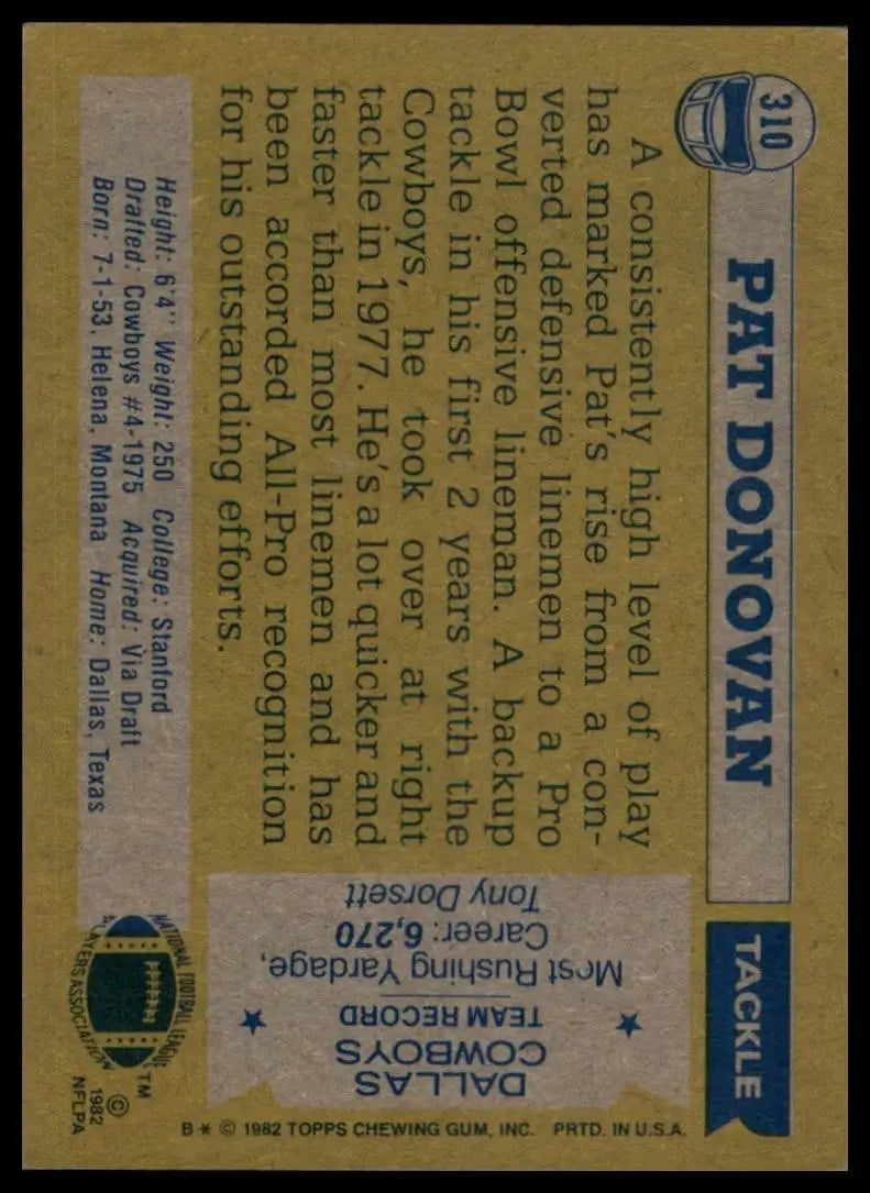 1982 Topps Pat Donovan #310 Dallas Cowboys Football Card NFL Sports