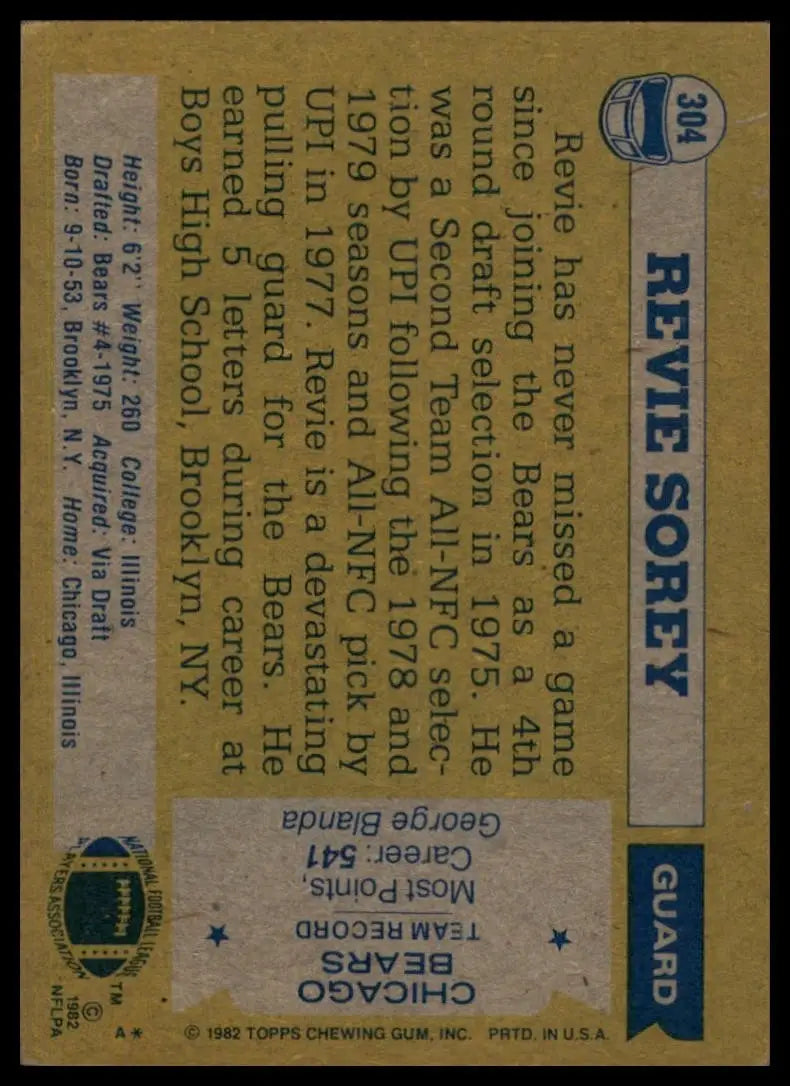 1982 Topps Revie Sorey #304 Chicago Bears Football Card NFL Sports