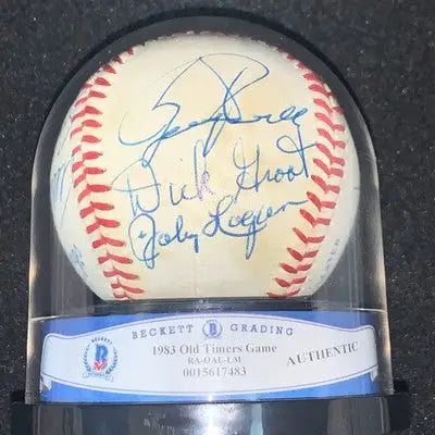 Autographed 1983 Cracker Jack Old Timer Game Signed Baseball in display case with 14 signatures