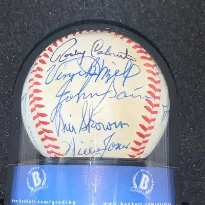 Autographed Cracker Jack Old Timer Game Signed Baseball in display case with 14 signatures