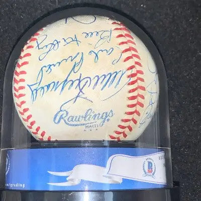 Signed baseball in display case from 1983 Cracker Jack Old Timer Game BAS Auto Powell Minoso with 14 Sigs