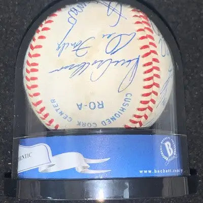 Autographed Cracker Jack game signed baseball in display case featuring Old Timer Game signatures