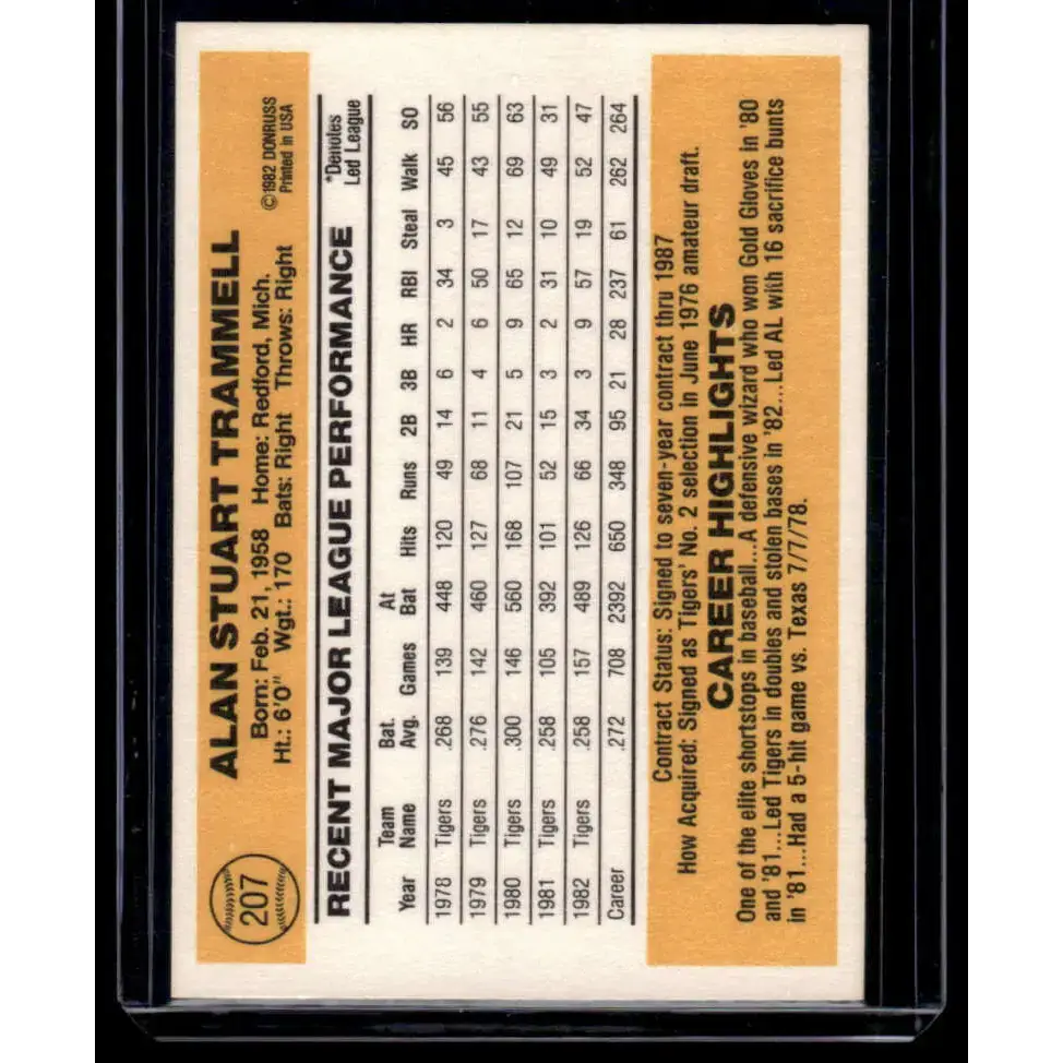 1983 Donruss #207 Alan Trammell VG Detroit Tigers Baseball Card - Baseball Card Single