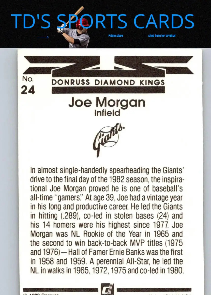 Joe Morgan baseball card from 1983 Donruss #24 showcasing a collectible sports card