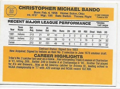 1983 Donruss #33 Chris Bando EX/NM Indians - Baseball Card Single