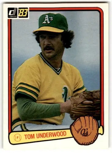 Original gloss Tom Underwood baseball card from 1983 Donruss #391 displaying Athletics