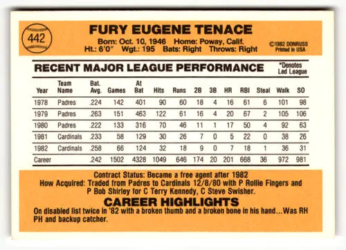 1983 Donruss #442 Gene Tenace EX/NM Cardinals ID:49061 - Baseball Card Single