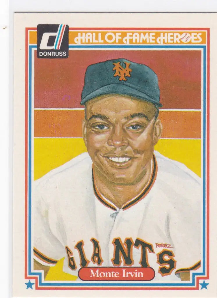 Baseball card of Monte Irvin in Giants uniform from 1983 Donruss trading cards