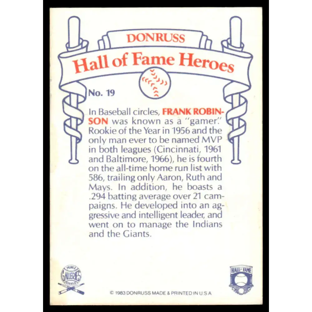1983 Donruss Hall of Fame Heroes #19 Frank Robinson EX/NM Baltimore Orioles Baseball Card - Baseball Card Single