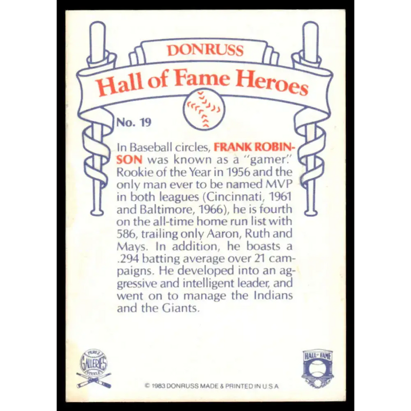 1983 Donruss Hall of Fame Heroes #19 Frank Robinson EX/NM Baltimore Orioles Baseball Card - Baseball Card Single