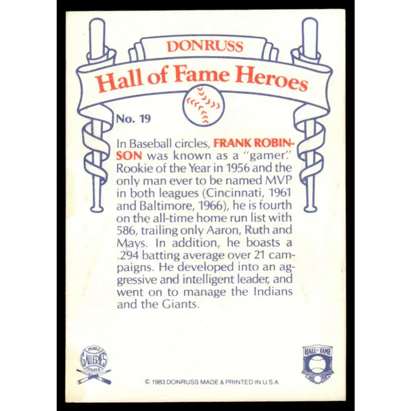 1983 Donruss Hall of Fame Heroes #19 Frank Robinson EX/NM Baltimore Orioles Baseball Card - Baseball Card Single