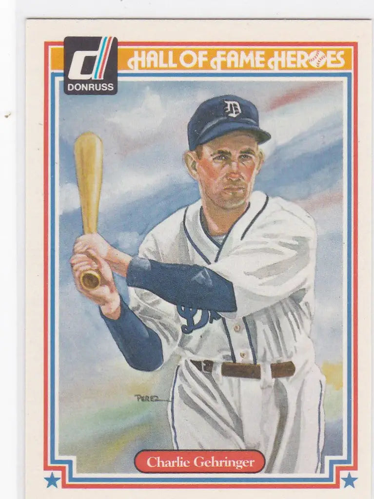 Baseball card of Charles Gehringer in batting stance for Detroit Tigers trading cards