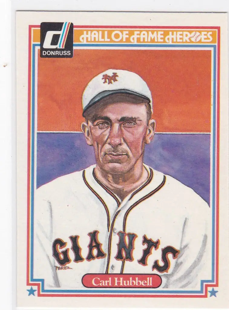 Baseball card of Carl Hubbell, New York Giants player from 1983 Donruss trading cards