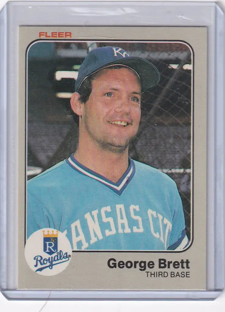 Baseball card of George Brett in Kansas City Royals uniform smiling, 1983 Fleer #108