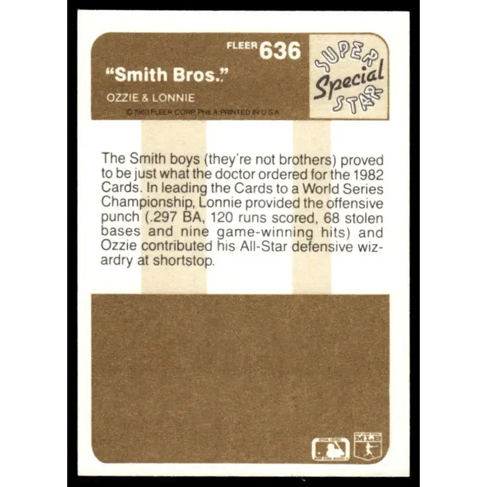 1983 Fleer #636 Ozzie Smith / Lonnie Smith SSS EX/NM St. Louis Cardinals Baseball Card - Baseball Card Single