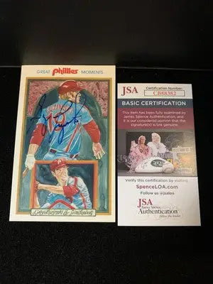 Signed 1983 Perez Great Phillies baseball card with authentication featuring Greg Luzinski