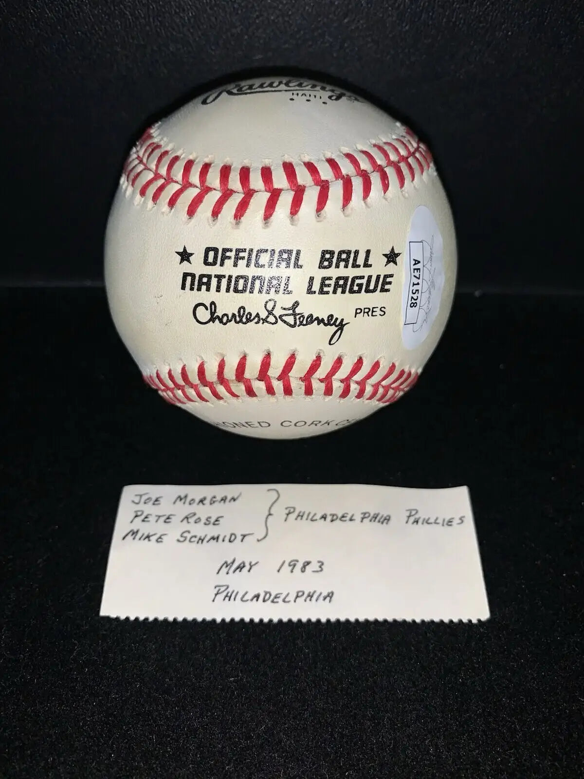 Autographed Philadelphia Phillies baseball with Pete Rose, Mike Schmidt, and note from 1983