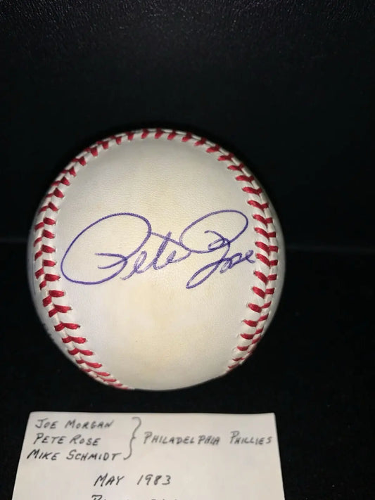 Philadelphia Phillies autographed baseball with blue Pete Rose and Mike Schmidt signatures