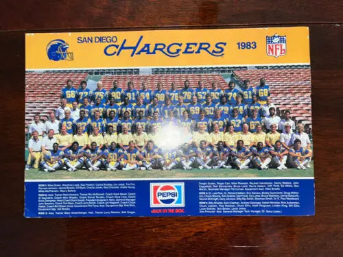 1983 San Diego Chargers 9x14 team photo featuring Joiner, Chandler, Fouts, Muncie, and Coryell