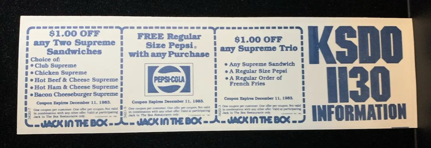 Jack in the Box coupon on vintage San Diego Chargers Charger Power bumper sticker