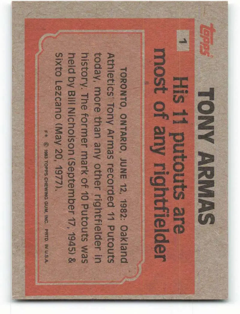 1983 Topps #1 Tony Armas EX Excellent Oakland Athletics Baseball Card - Baseball Card Single