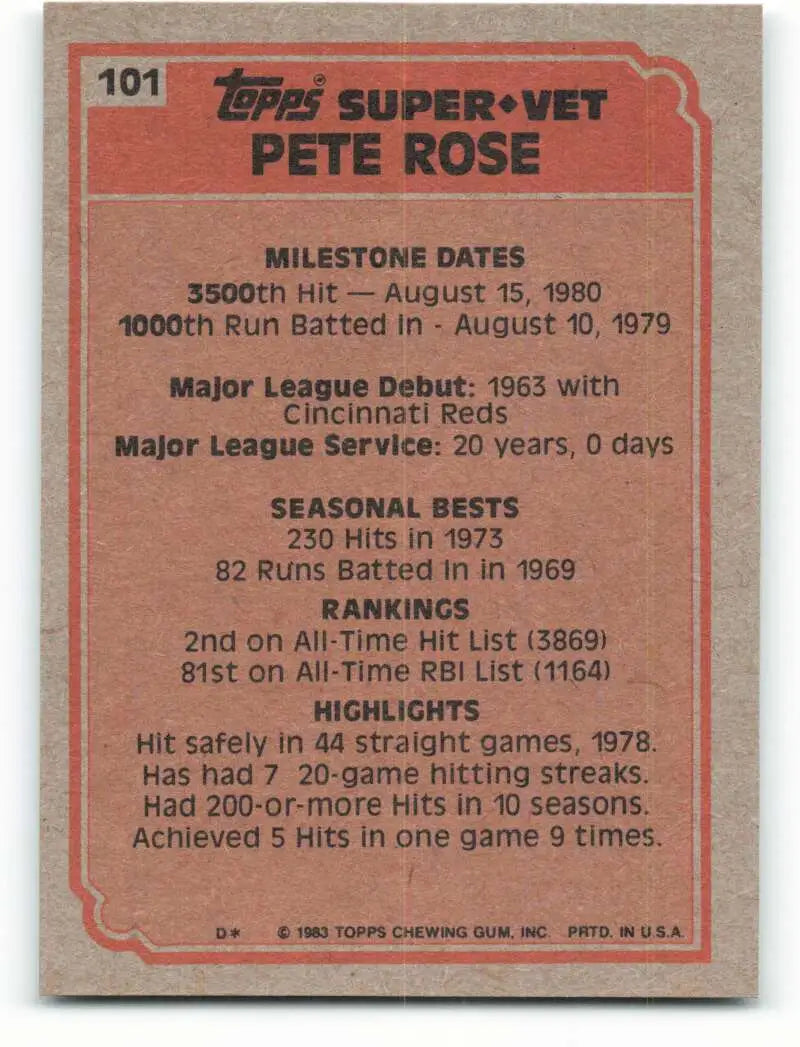 1983 Topps #101 Pete Rose EX Excellent Cincinnati Reds/Philadelphia Phillies Baseball Card - Baseball Card Single