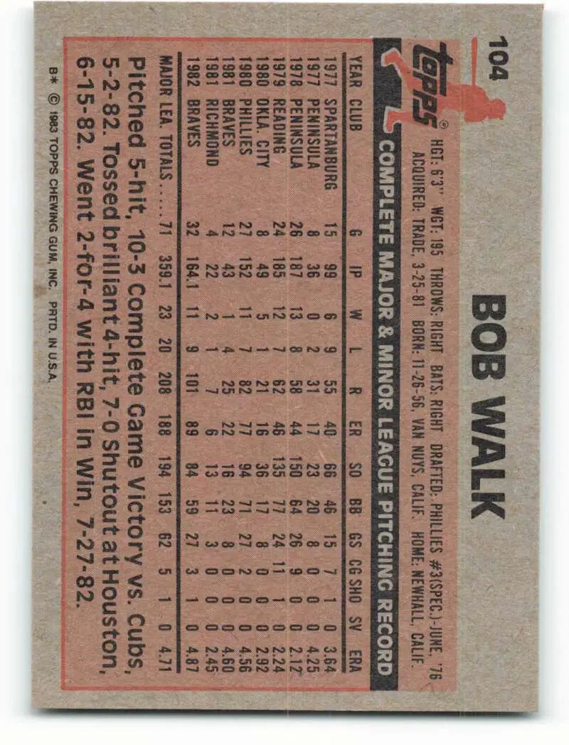 1983 Topps #104 Bob Walk EX Excellent Atlanta Braves Baseball Card - Baseball Card Single