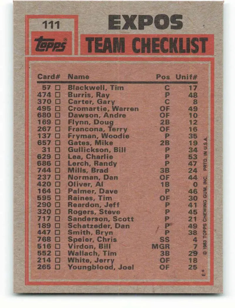 1983 Topps #111 Al Oliver/Steve Rogers EX Excellent Montreal Expos Baseball Card - Baseball Card Single