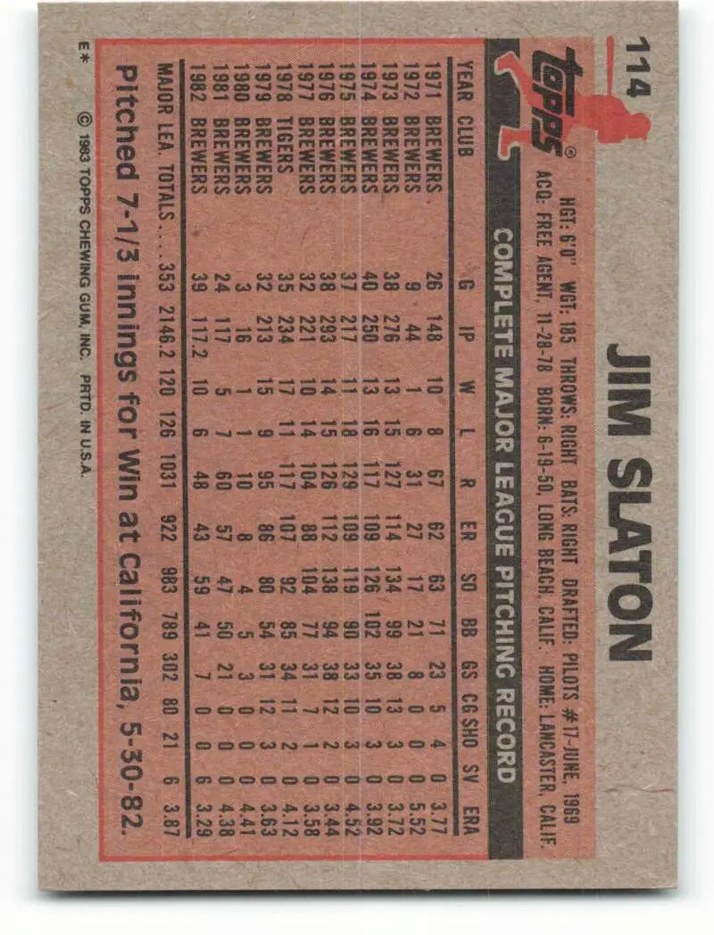 1983 Topps #114 Jim Slaton EX Excellent Milwaukee Brewers Baseball Card - Baseball Card Single