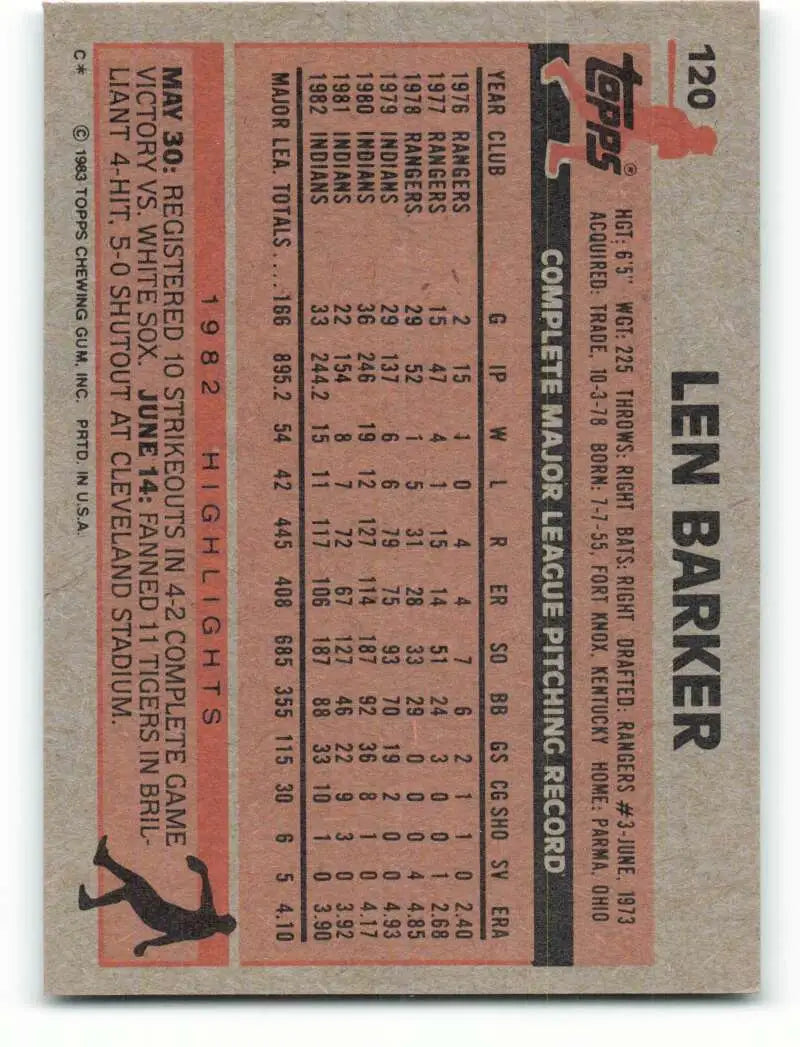 1983 Topps #120 Len Barker EX Excellent Cleveland Indians Baseball Card - Baseball Card Single